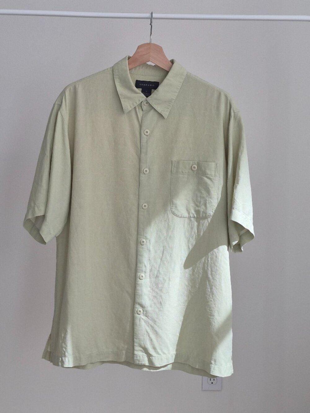 Toscano Men’s L 100% Silk Short Sleeve Shirt Sage Green Textured Button Up